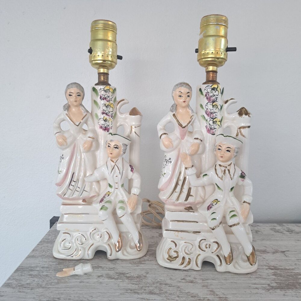 Vintage 50's Pair Victorian Walls Porcelain Colonial Couple Bedside Lamps Japan